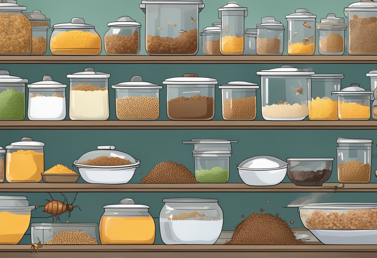 A cluttered kitchen with crumbs, open food containers, and visible pest droppings. Signs of cockroaches, rodents, and ants