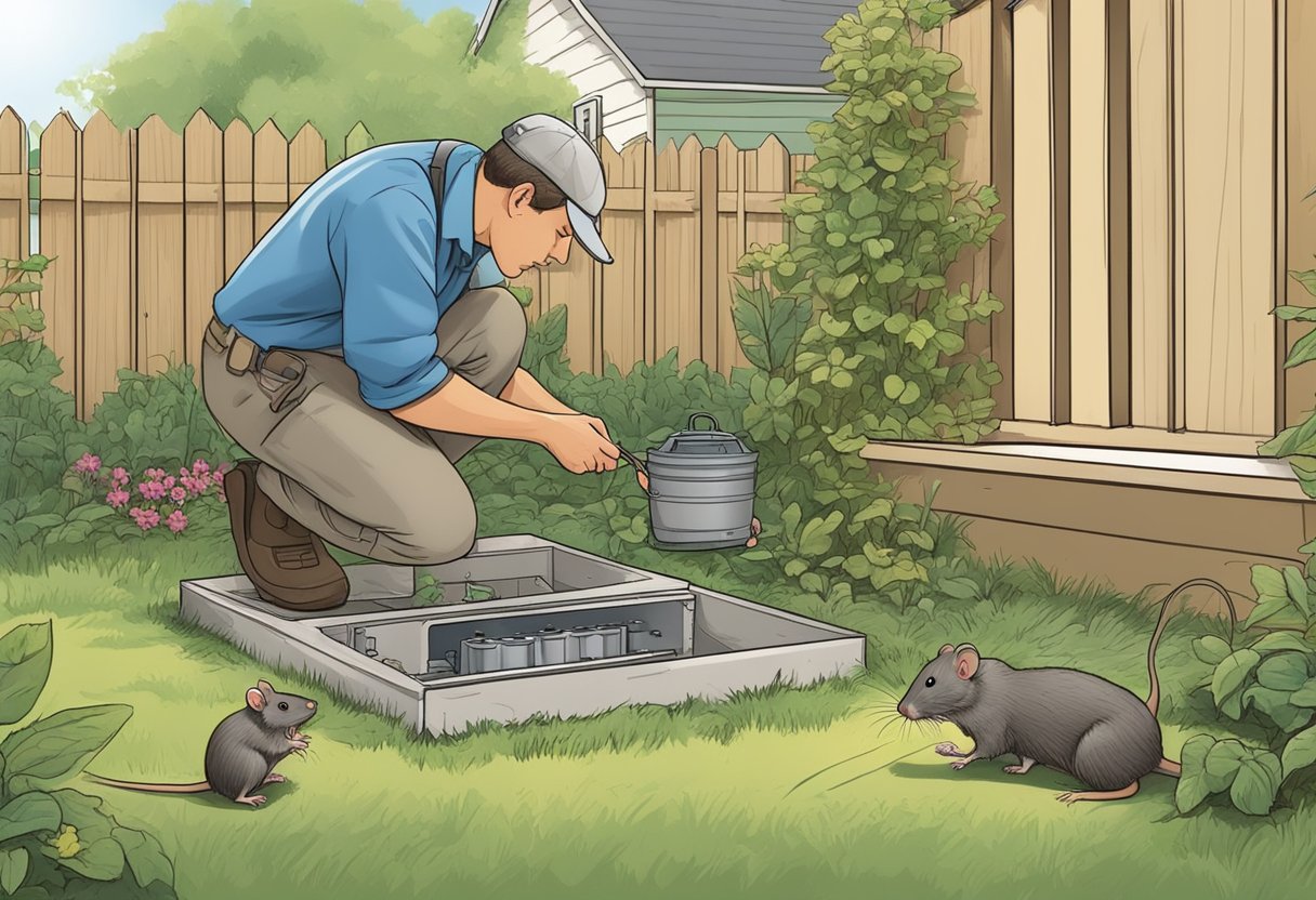 A rat trap snaps shut in a tidy backyard garden, while a technician inspects bait stations near a suburban home