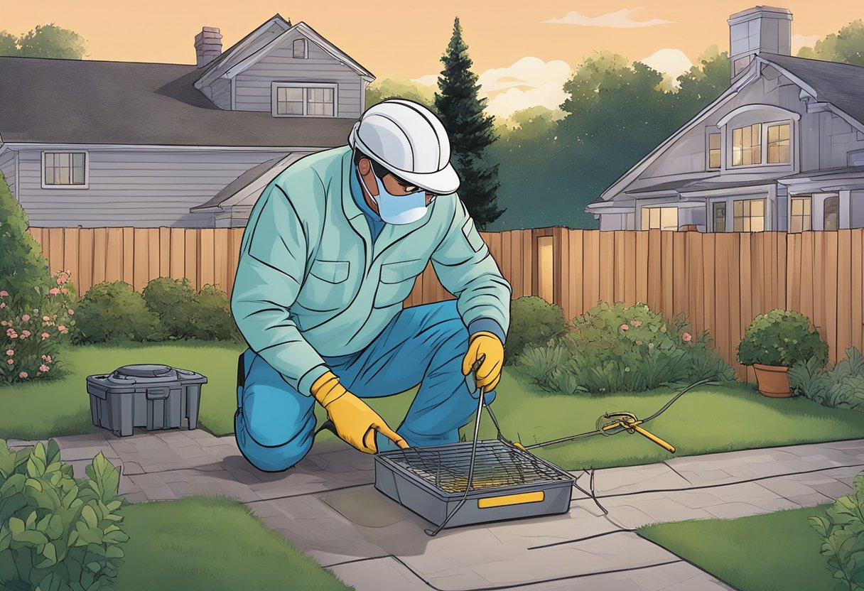 A professional pest control technician sets up rodent traps in a suburban backyard at dusk. The technician wears protective gear and uses specialized tools to ensure effective rodent control