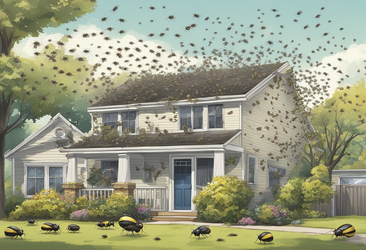 A swarm of insects infesting a suburban home, with signs of damage to property and visible pest droppings