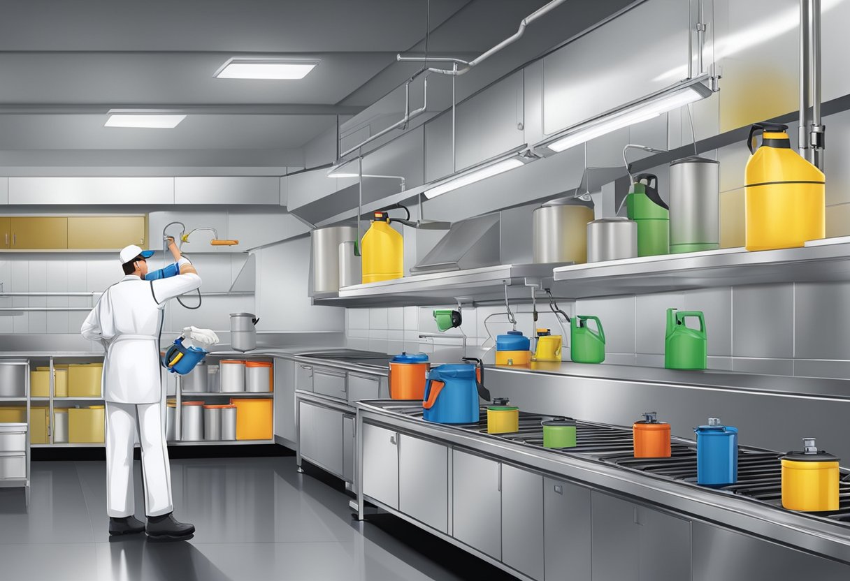 A technician in a branded uniform sprays pesticide in a commercial kitchen, while a supervisor inspects the area for pests