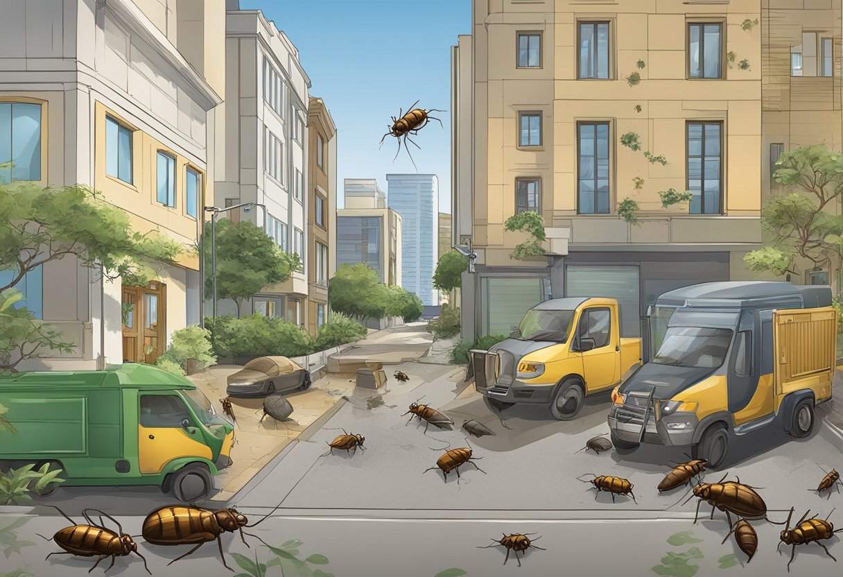 The scene depicts various pests commonly found in Sydney commercial properties, such as cockroaches, rodents, and ants. They are shown in different areas of the property, with visible signs of damage