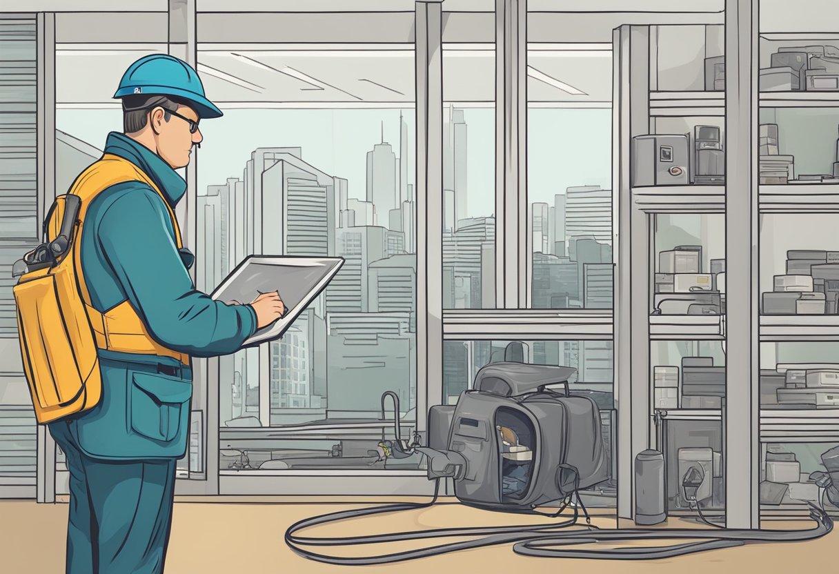 A pest inspector examines a commercial property in Sydney, identifying and monitoring common pests. Illustrate equipment and pests in the environment