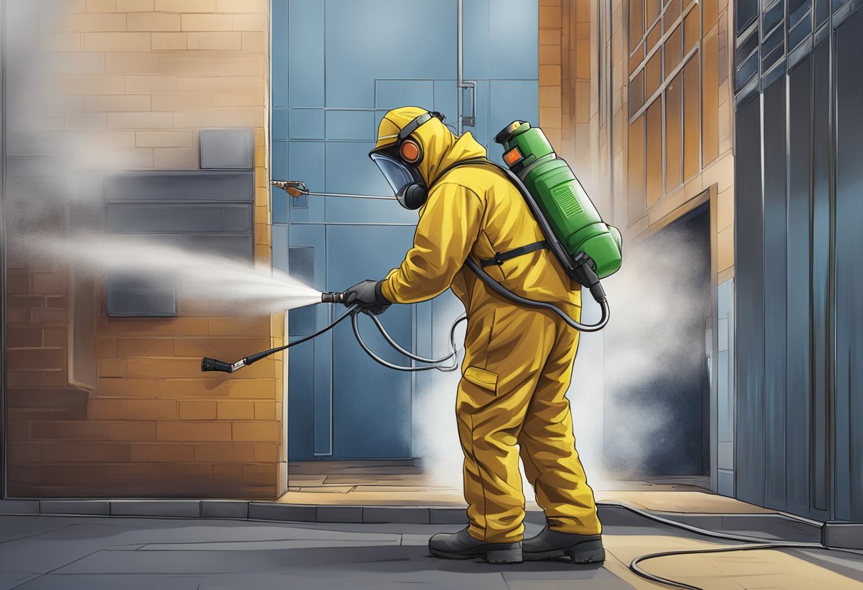 A technician in protective gear sprays industrial buildings in Sydney, targeting pest hotspots with the latest equipment and techniques