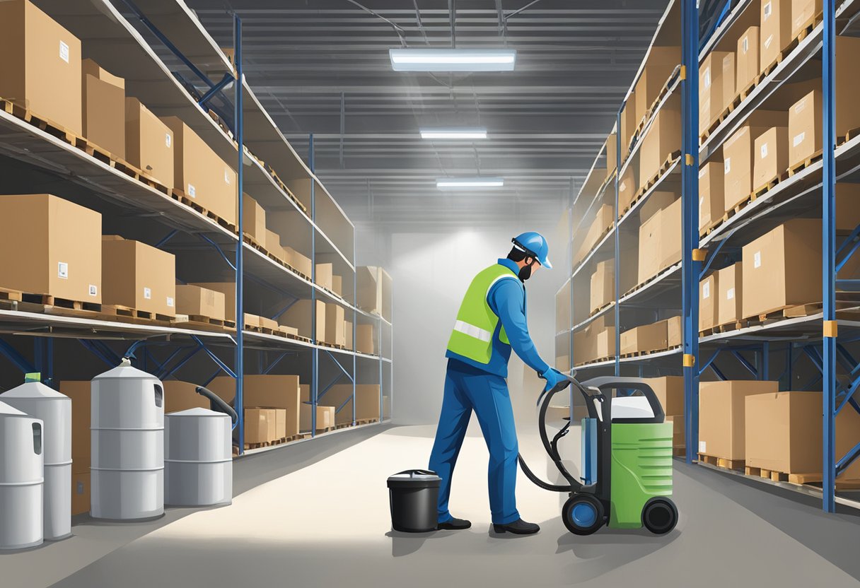 Industrial pest control in Sydney: A technician sprays eco-friendly solutions in a warehouse, while traps and barriers are strategically placed to prevent infestations