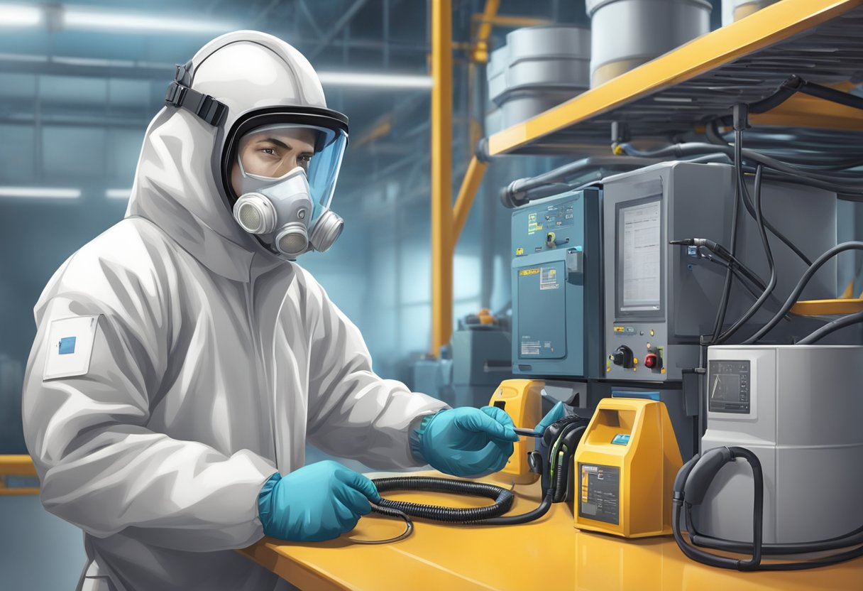 A technician in protective gear uses advanced equipment to control pests in an industrial setting, while maintaining health and safety standards