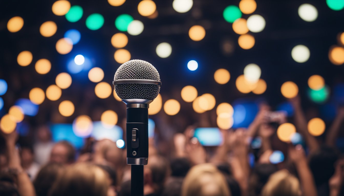 A microphone stands on a stage, surrounded by colorful spotlights. A crowd of people cheers and dances, as the powerful birthday rap lyrics fill the air