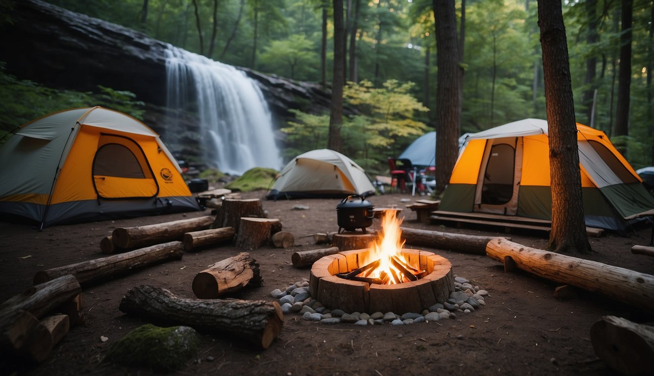 A campsite nestled by Buttermilk Falls, with a crackling fire and tents pitched beneath the towering trees