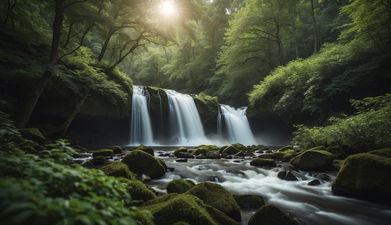 Lush green trees surround a cascading waterfall, with a campsite nestled nearby. The sound of rushing water fills the air, creating a serene and picturesque scene