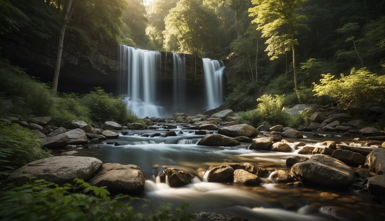 A serene campsite nestled by Buttermilk Falls, surrounded by lush greenery and a flowing stream. Tents are pitched under the shade of tall trees, with a backdrop of cascading waterfalls