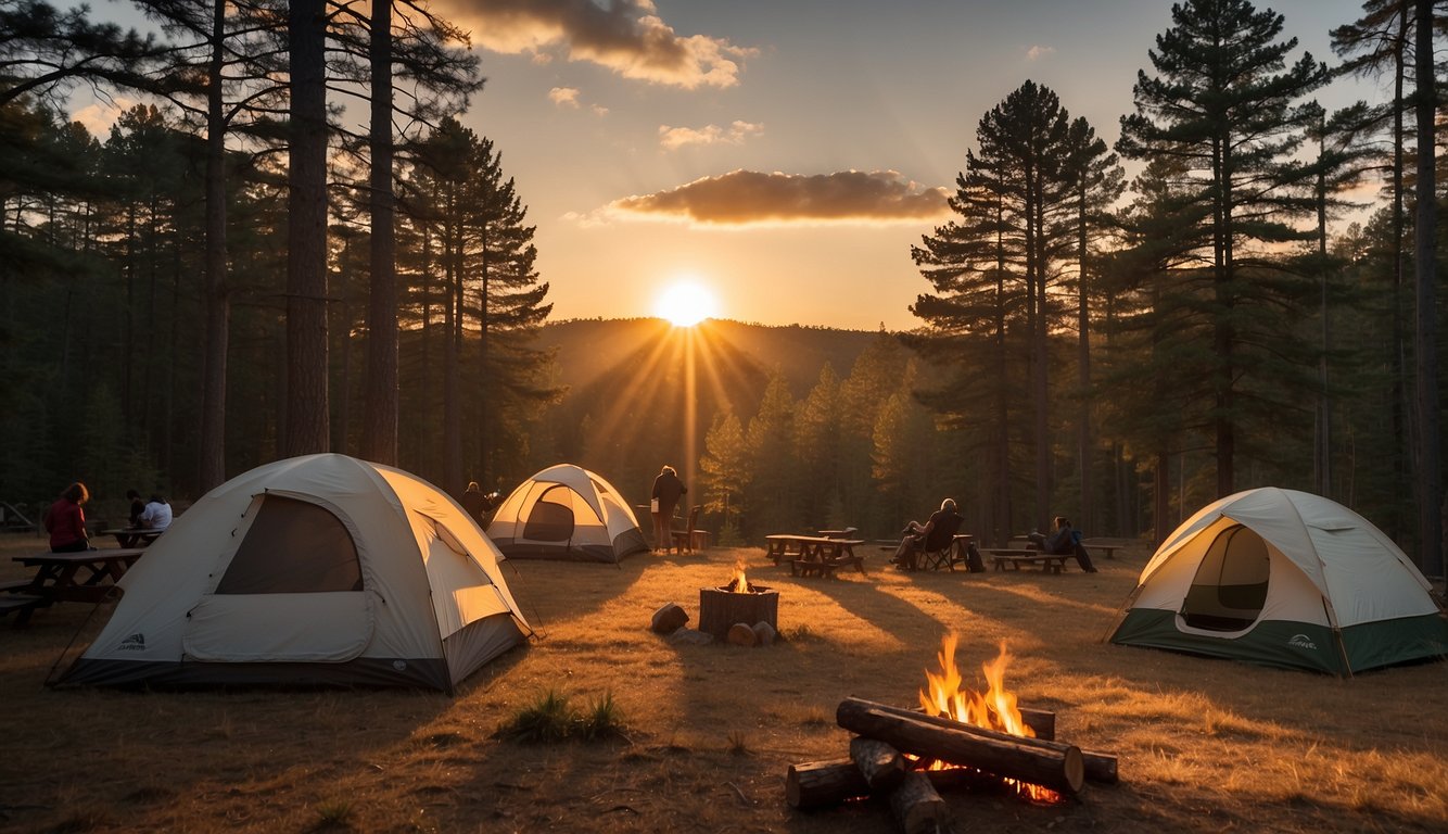 Sunset over Bradbury Mountain State Park, tents pitched in a clearing, campfire smoke rising, trees casting long shadows