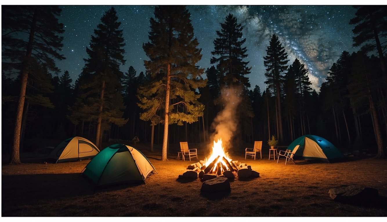 A campfire crackles under a starry sky at Bradbury Mountain State Park. Tents are pitched in a clearing, surrounded by tall pine trees