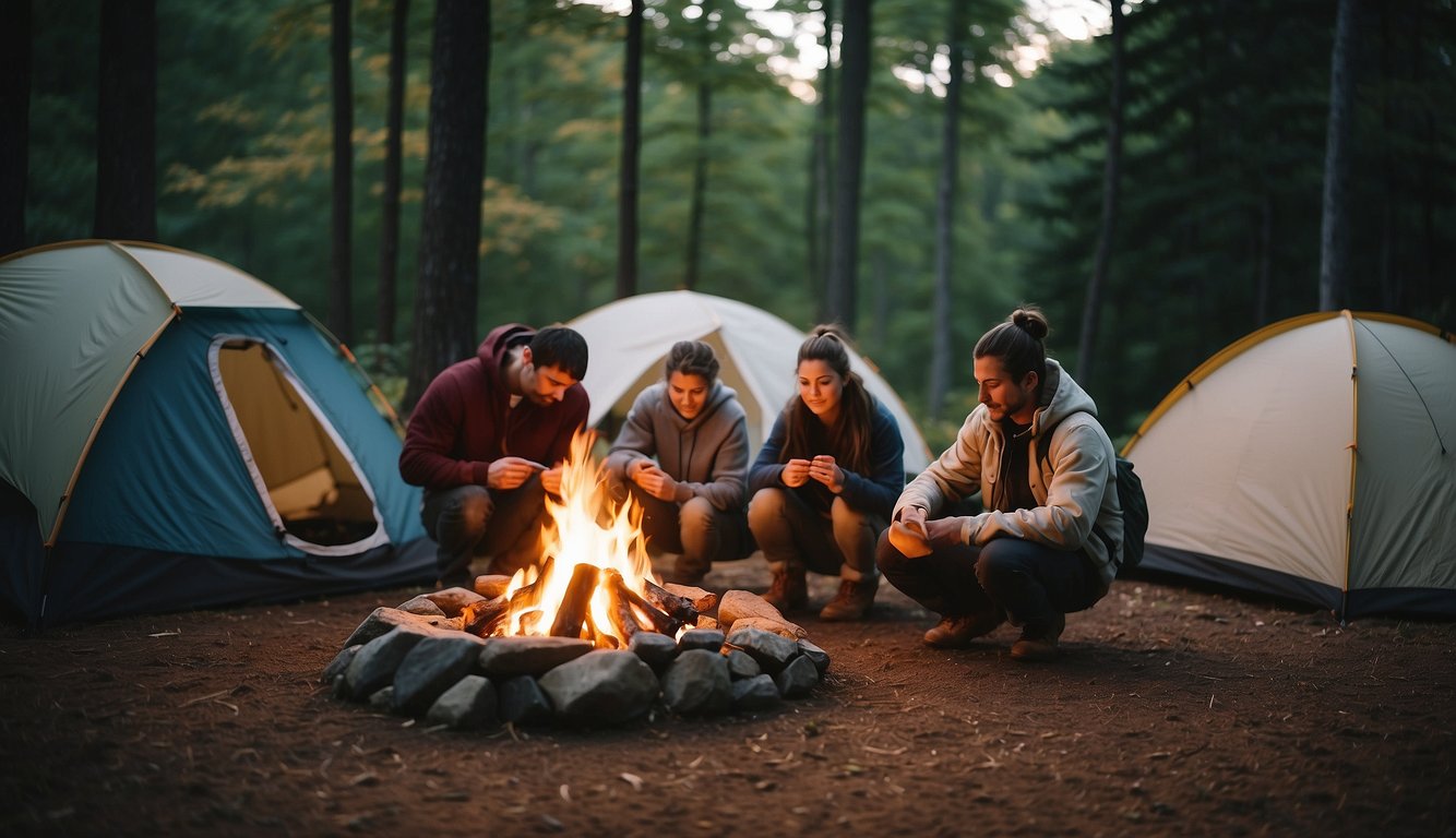 People setting up tents, roasting marshmallows, and hiking trails at Bradbury Mountain State Park