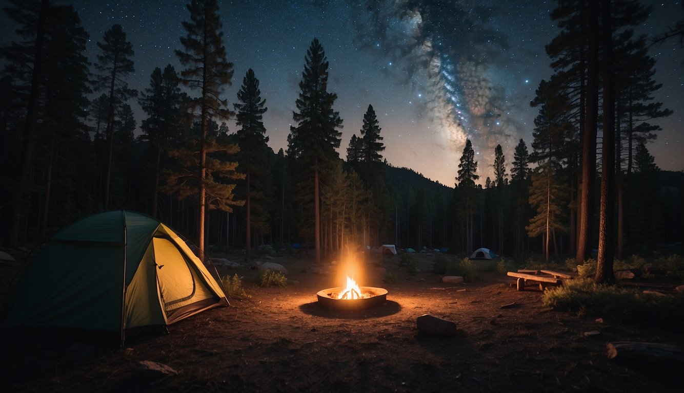 Hiking trail winds through tall pine trees, leading to a clearing with tents pitched under a starry night sky. A campfire glows in the center, casting warm light on the surrounding nature