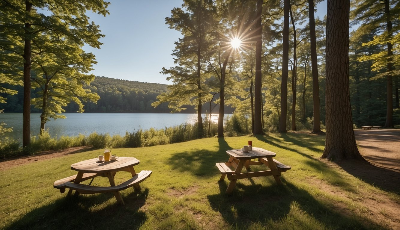 A sunny clearing in the woods, with a colorful picnic spread under the shade of tall trees, overlooking a serene lake at Bradbury Mountain State Park