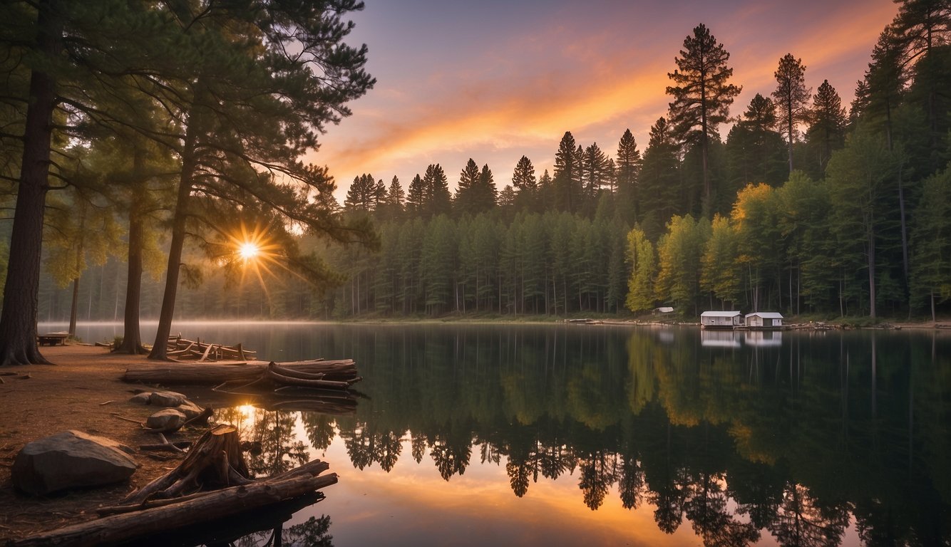 A tranquil campsite nestled in Honeyman State Park, with a crackling campfire, towering trees, and a serene lake reflecting the colorful sunset