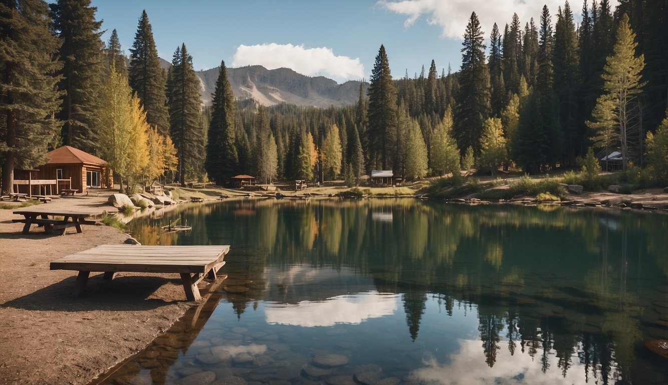 The scene shows a tranquil campground with picnic tables, fire pits, and hiking trails. A serene lake reflects the surrounding trees, and a ranger station stands nearby