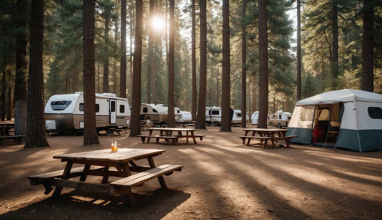 Tents and RVs scattered among trees and picnic tables at Honeyman State Park camping area