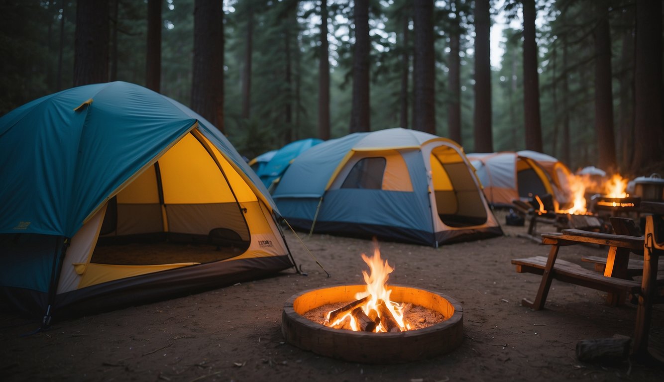 Campsite at Honeyman State Park: Tents pitched, campfire burning, lanterns hung, and safety equipment in place