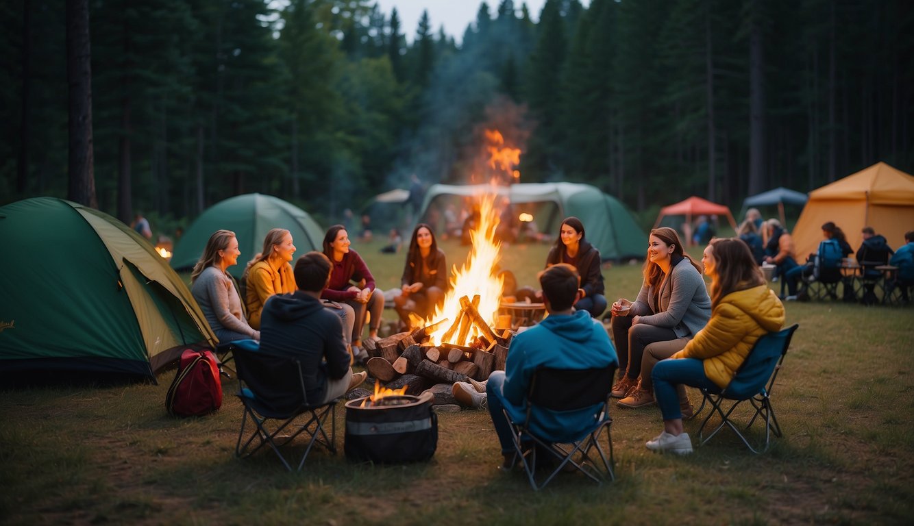 A serene forest clearing with a campfire surrounded by tents and picnic tables, with families and friends enjoying nature and engaging in outdoor activities