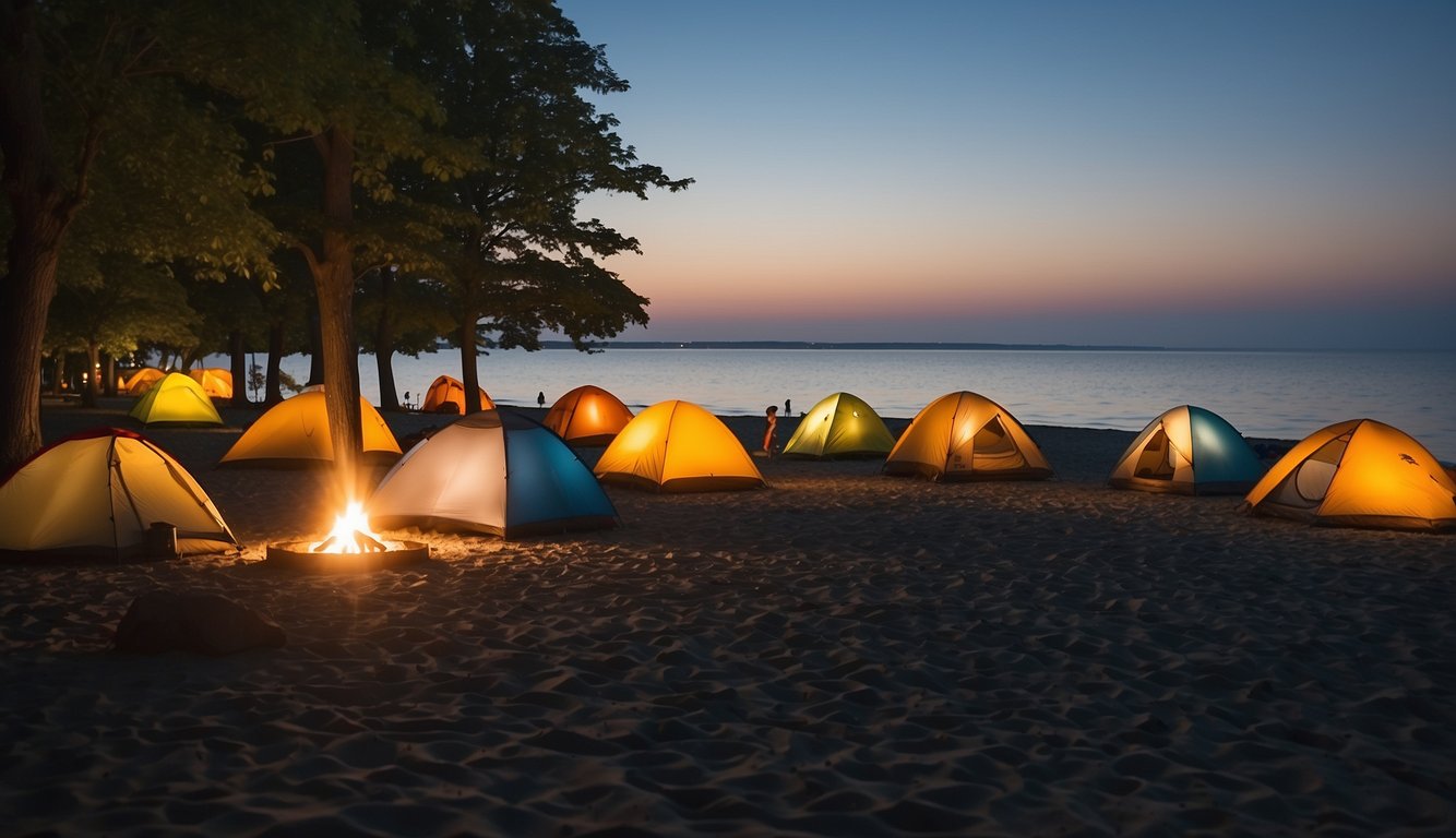 Tents pitched by the shore, campfires flickering, families gathered around, stars shining above, and the sound of waves lapping against the beach at Lake Erie State Park