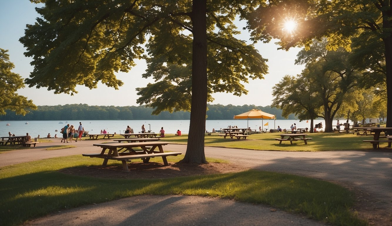 The scene at Lake Erie State Park includes camping facilities, picnic areas, playgrounds, and access to the beautiful lake for swimming and boating