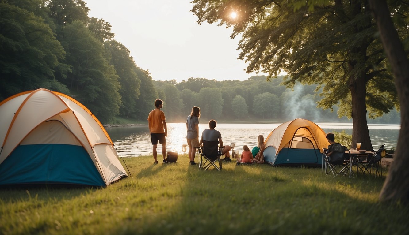 Families setting up tents at Lake Erie State Park, surrounded by lush greenery and a serene lake. Campfire smoke rises in the air