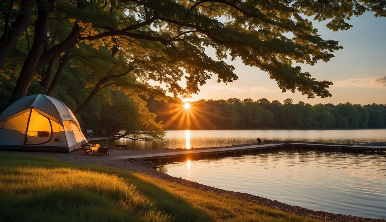 The sun sets over Lake Erie State Park's serene campground, with cozy tents nestled among towering trees and a tranquil lake reflecting the vibrant colors of the sky