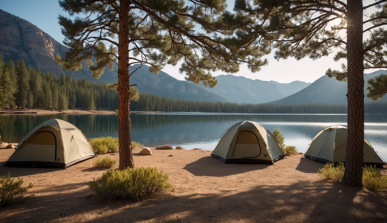 Tents pitched near a tranquil lake, surrounded by towering pine trees and rugged mountains at Rifle Gap State Park camping