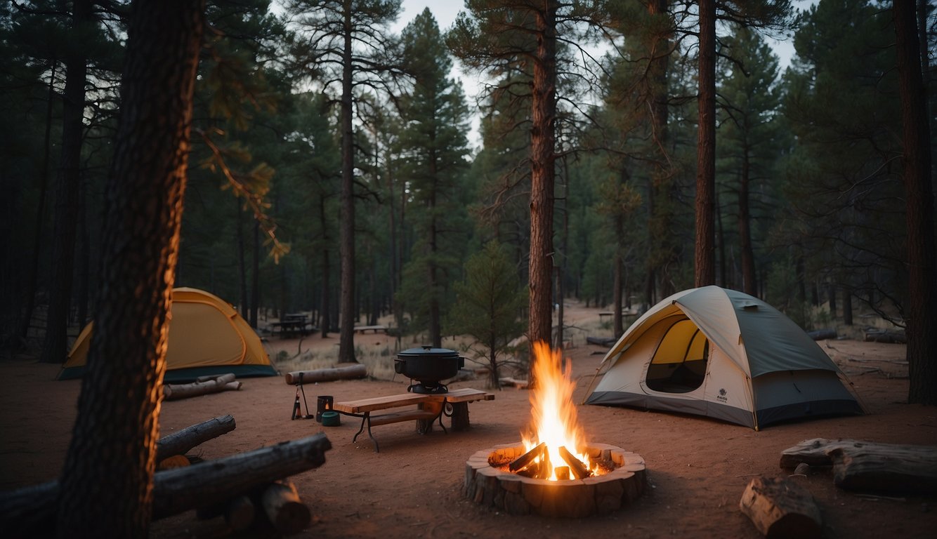 A campsite nestled among tall pine trees at Rifle Gap State Park, with a crackling campfire and a cozy tent set up for a night of adventure