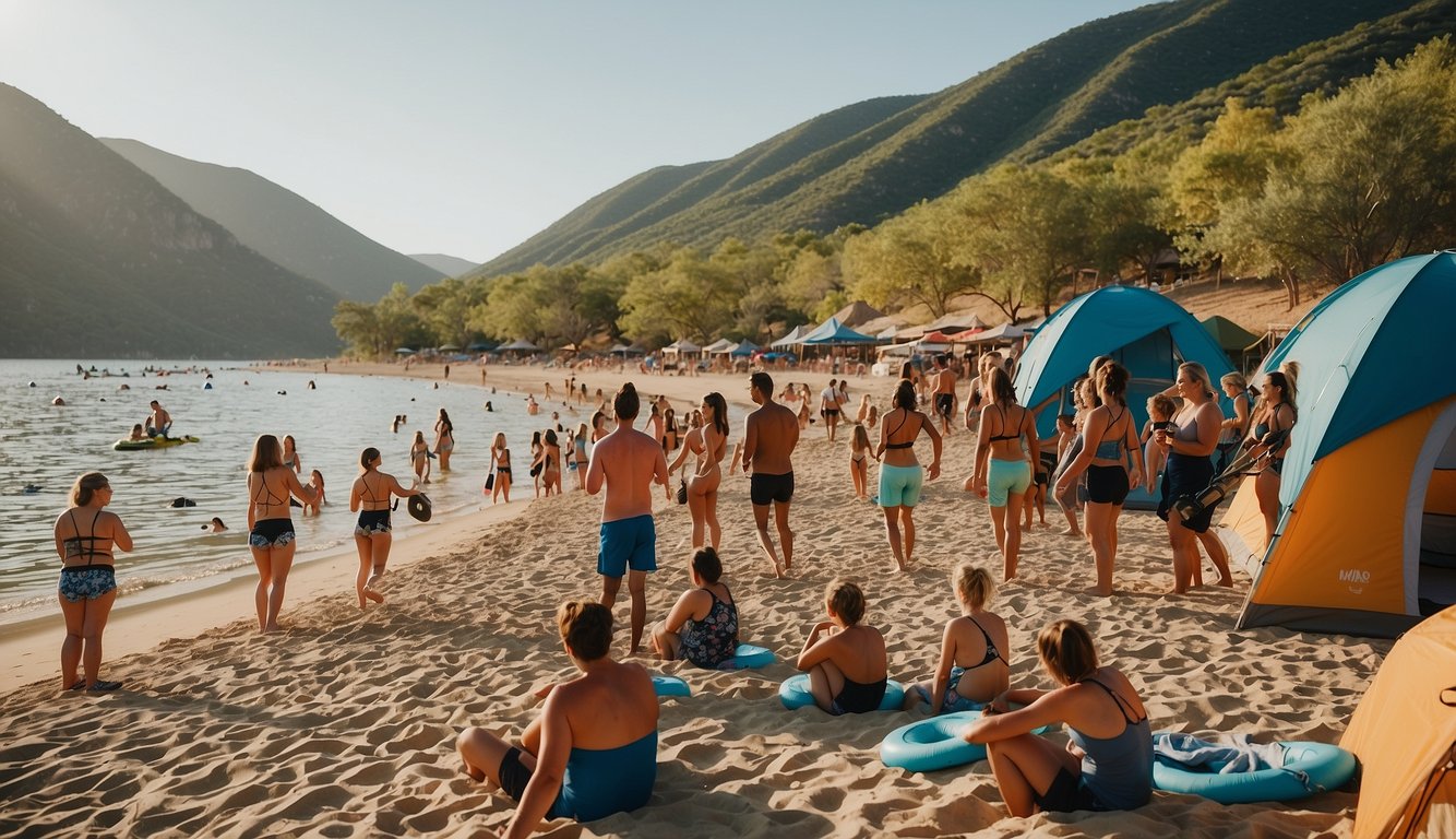 People enjoying water sports and beach fun at Rifle Gap State Park camping