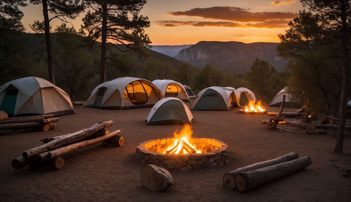 Sunset over Rifle Gap State Park, with campfires glowing and tents pitched. Rules and tips signs posted near the entrance