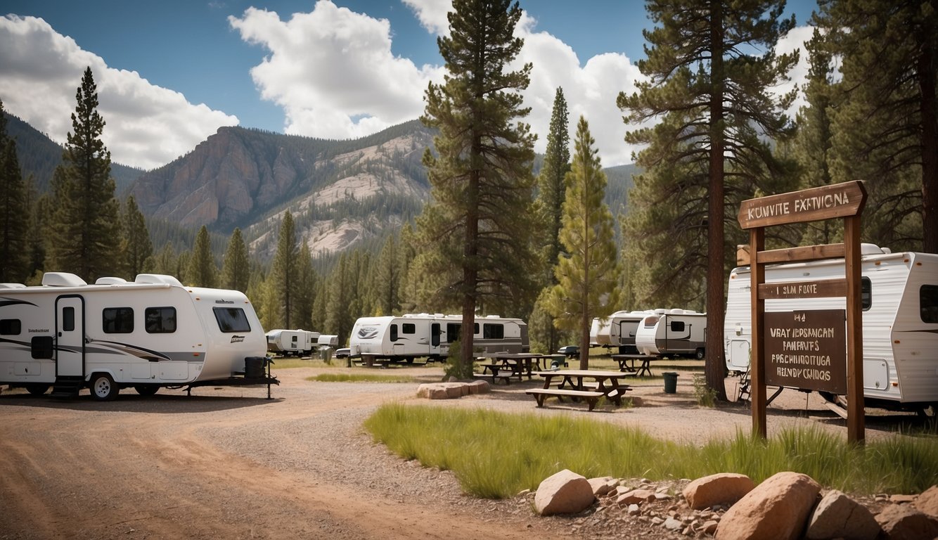 Campground with tents and RVs nestled among pine trees, with a backdrop of Rifle Gap Reservoir and surrounding mountains. A signpost with "Frequently Asked Questions" stands near the park entrance