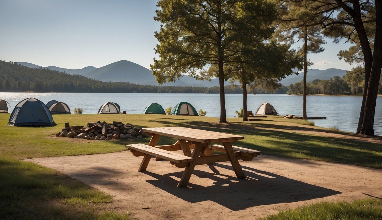 Tents pitched on grassy shore of Lake Murray. Trees and mountains in background. Fire pit and picnic table nearby