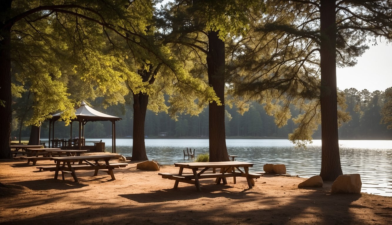 The campground at Lake Murray State Park features picnic tables, fire pits, and spacious tent sites surrounded by towering trees and serene lake views