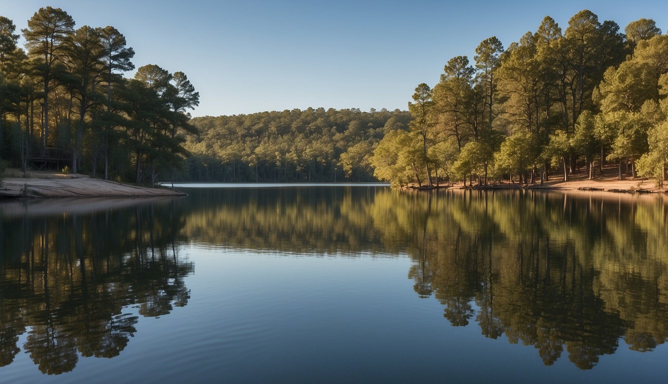 The scene shows a tranquil lake surrounded by lush green trees and a clear blue sky. A sign reads "Park Information and Reservations" with a backdrop of Lake Murray State Park camping area