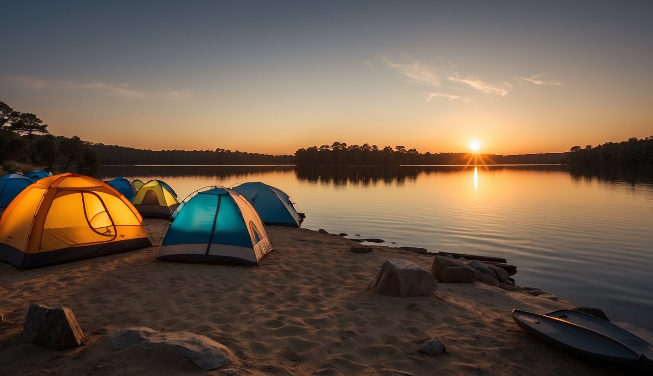 Sunset at Lake Murray State Park, with tents pitched along the shore, campfires glowing, and families enjoying the tranquil waters