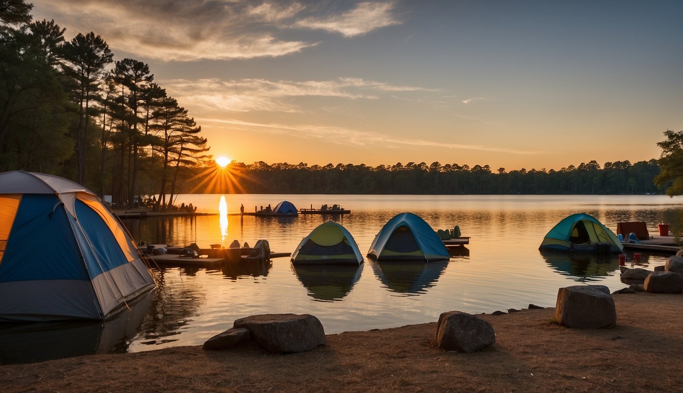 The sun sets over Lake Murray State Park, casting a warm glow on the serene waters. Tents are pitched along the shore, as families gather around campfires, enjoying the peaceful evening