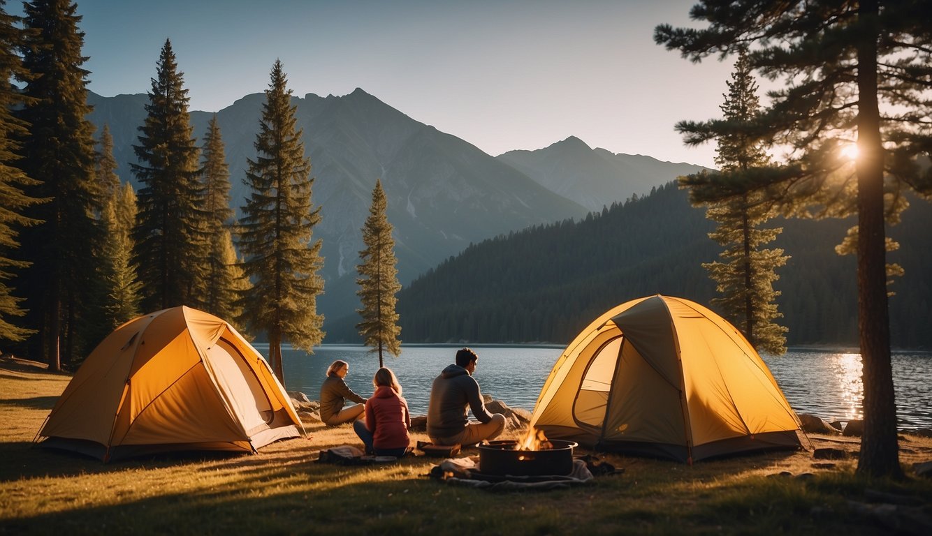 Campers setting up tents by the lake, surrounded by trees and mountains under a clear sky. A campfire burns nearby, casting a warm glow