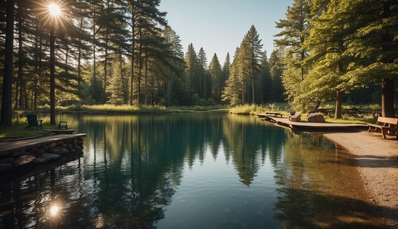 The scene shows a serene lake surrounded by lush green trees, with spacious camping grounds and well-maintained amenities such as picnic areas, restroom facilities, and designated fire pits