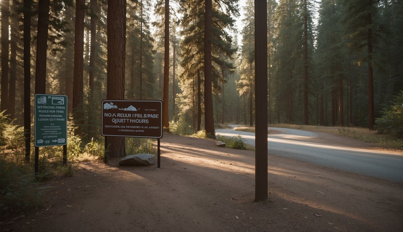 A sign at the park entrance displays rules: "No open fires, quiet hours 10pm-6am, leash pets, pack out trash." Nearby, a ranger station offers maps and information