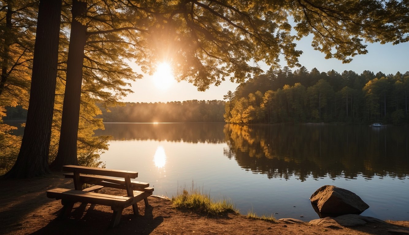 The sun sets over Clayton Lake State Park, casting a warm glow on the tranquil campground nestled among tall trees and a peaceful lake