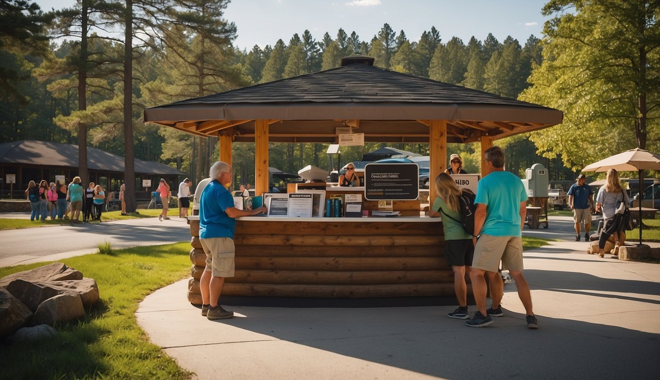 Visitors at Clayton Lake State Park inquire about camping rules and amenities at the information desk