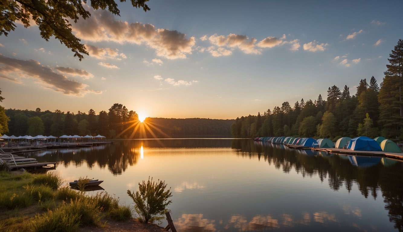 The sun sets over Englebright Lake, casting a warm glow on the tranquil waters. Tents dot the shoreline, surrounded by towering trees and a peaceful atmosphere