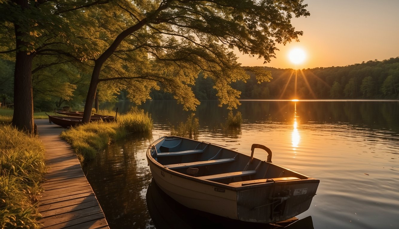 The sun sets over Englebright Lake, casting a golden glow on the calm water. Lush green trees line the shore, and a few boats bob gently in the distance