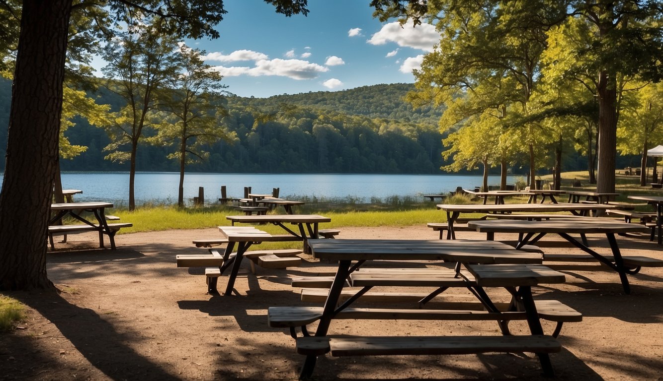 The campground at Englebright Lake features picnic tables, fire pits, and restrooms. The lake offers fishing, boating, and swimming opportunities