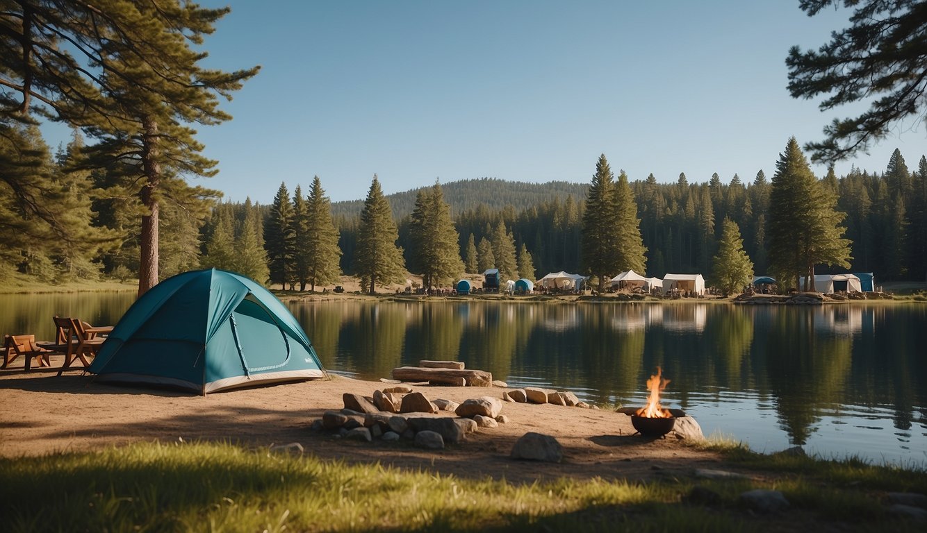 A serene lakeside campground with tents, campfires, and families enjoying outdoor activities under the clear blue sky