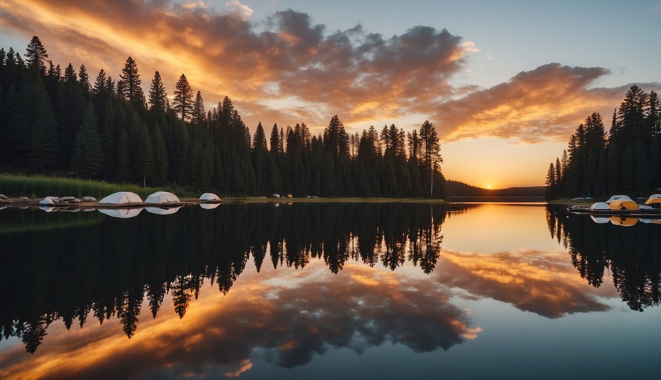 Sunset over Cherry Lake, tents nestled among pine trees, a crackling campfire, and a serene reflection on the calm water