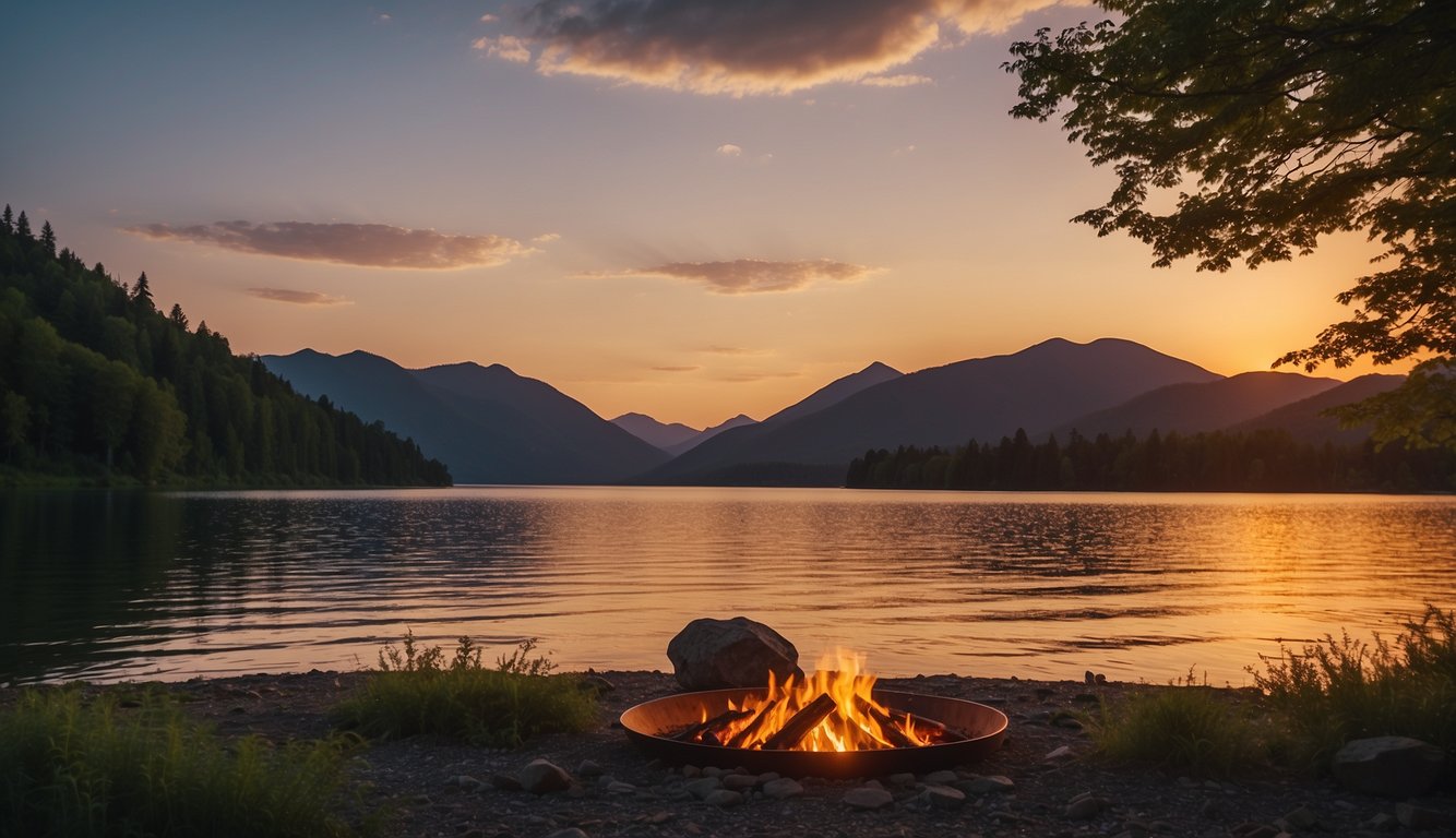 Sunset over calm water, surrounded by lush green trees and distant mountains. A campfire flickers on the shore, casting warm light