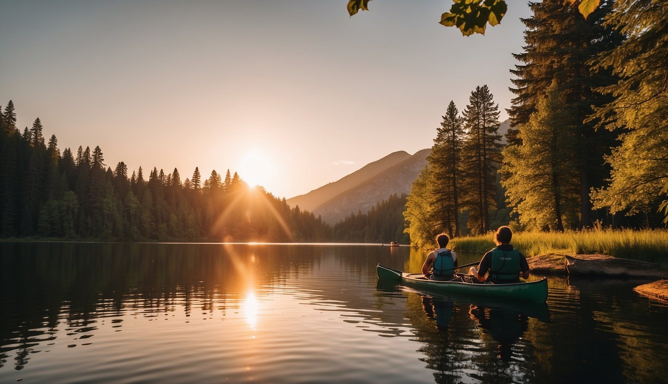 The sun sets behind the tranquil Cherry Lake, surrounded by lush greenery and campgrounds. Canoeists glide across the glassy water, while hikers explore the nearby trails